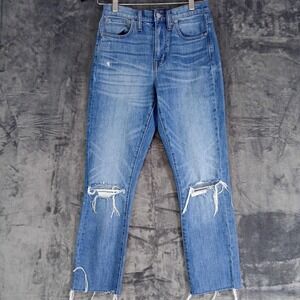 Madewell Jeans Womens 24 Blue The High-Rise Slim Boyjean Distressed Raw Hem